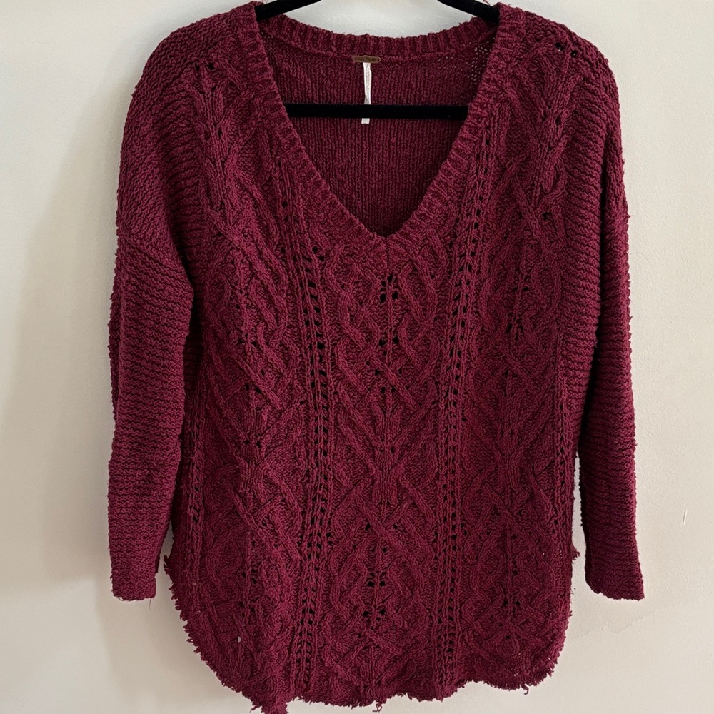 Free People Deep Red V-Neck Sweater